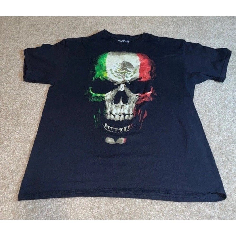 Fifth Sun Mens Mexico Flag Skull Graphic T-Shirt Large Black Cotton Short Sleeve
